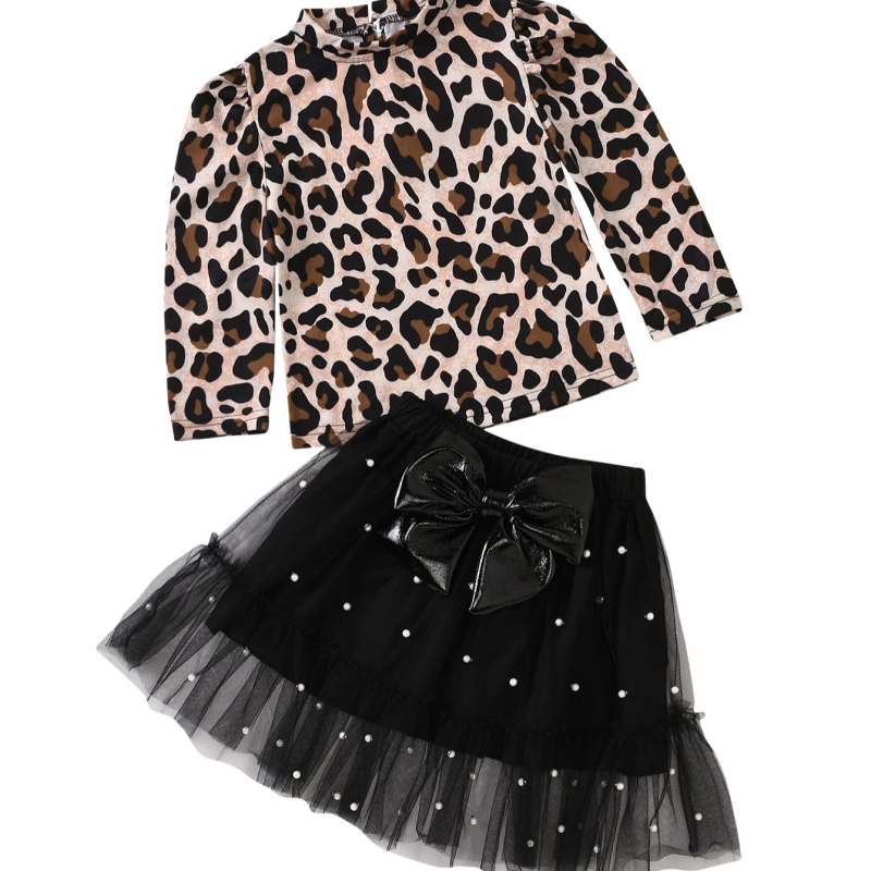 New Children's Leopard Print Long Sleeves Kids Spot Short Sleeve Clothes Dress Set Two-piece Lace Skirt Girls' Suits
