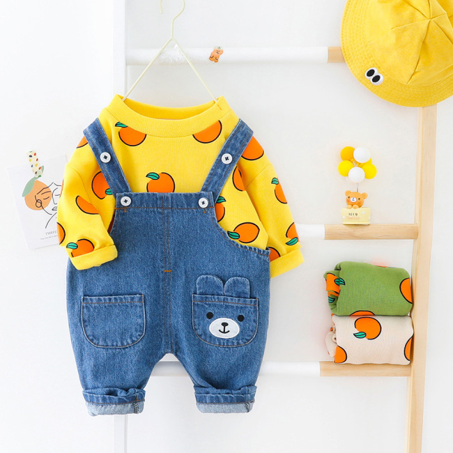 2021 autumn New Style kids clothing long sleeve print cartoon tops denim Girls Jumpsuits children baby boy clothes set