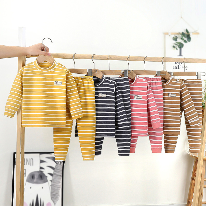 Autumn Winter Newborn Baby Casual Thermal Underwear Stripe Long Sleeves Top Trousers Two Pieces Suits Unisex Pajamas Set