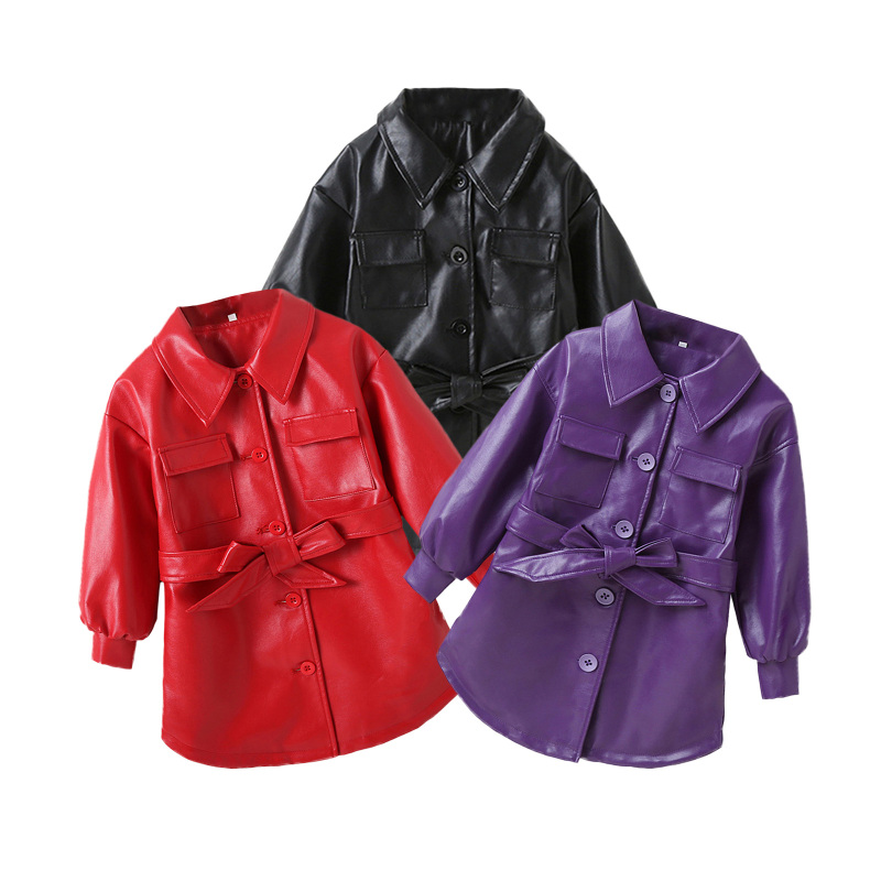 Conyson Hot New Autumn Kids Designer Clothes Girls Jacket Outwear Solid PU Leather Long Sleeves Single Breasted Coat