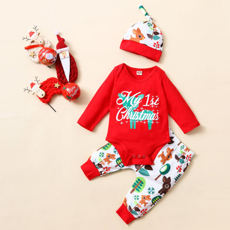 Conyson Baby Christmas Winter Organic Cotton Long Sleeve 3Pcs unisex Romper Jumpsuit Newborn Baby Girls Clothing Set For Toddler