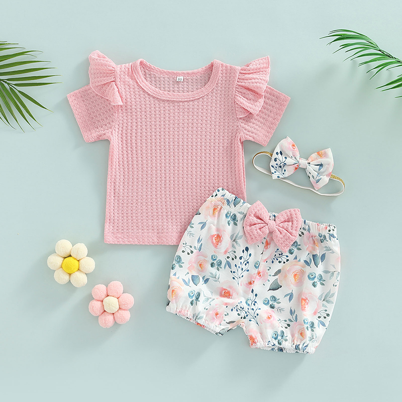 Conyson Summer Cute Baby Girls Summer 3Pcs Clothes Sets Solid Color Short Sleeve T-shirt + Floral Lantern Shorts Headband Sets