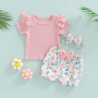 Conyson Summer Cute Baby Girls Summer 3Pcs Clothes Sets Solid Color Short Sleeve T-shirt + Floral Lantern Shorts Headband Sets