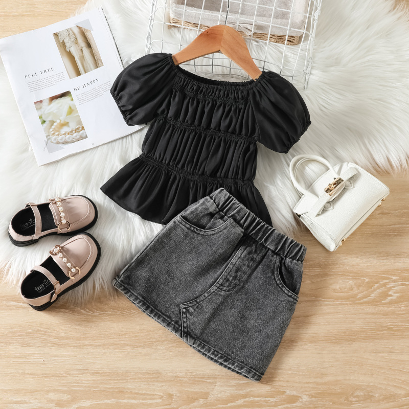 Conyson Off-The-Shoulder Stretch Pleated Lantern Bubble Sleeve Wholesale Ruffle Kids Clothing Short Top Bag Denim Girls Suit