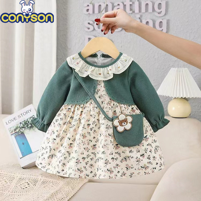 Conyson Children Wholesale Girls Baby Clothes Sets Spring Fashion Designer Floral Flower Kids Clothing With Bag Baby Dress Girl