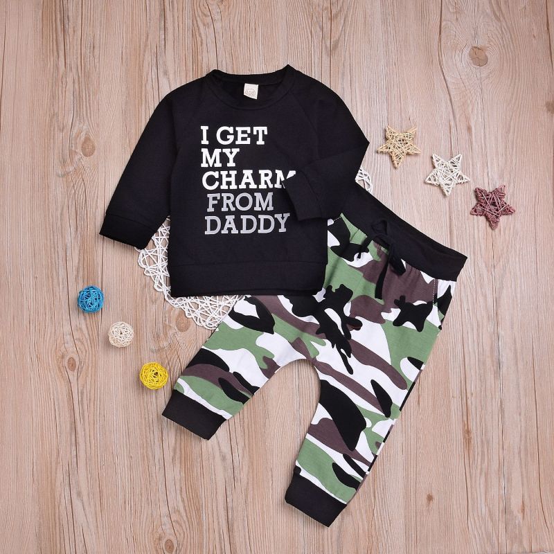 Conyson Casual Long Sleeve Top Army Trousers Outdoor Outfits Black Letter T-shirt Camouflage Short Pants Baby Boy Suit 2Pcs Sets