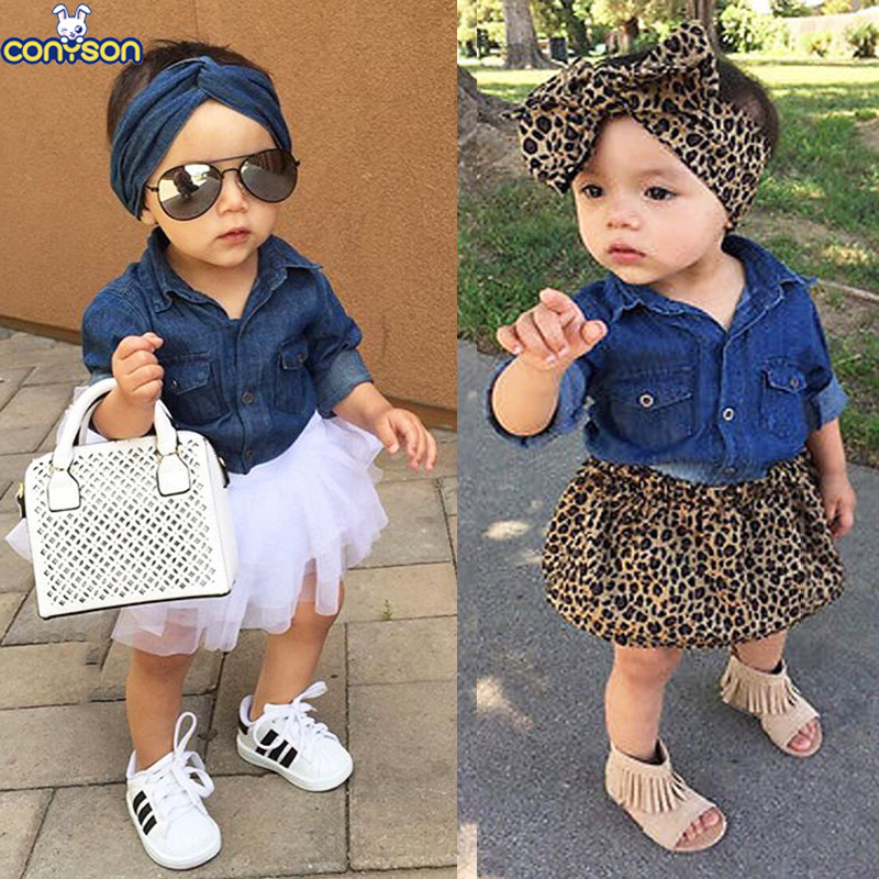 Conyson Baby Girl Summer Clothing Sets Baby Girls Clothes Denim Shirt Top +Tutu Skirts+Headband 3Pcs Baby Girl Clothes Sets