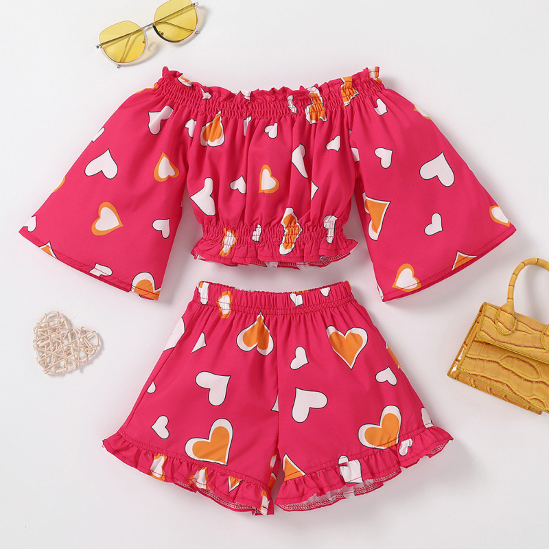 Conyson Summer Fashion Heart Print Shorts Clothes Suits Shoulder High Waist Top Shorts Flower 2pcs Littler Girl Outfits