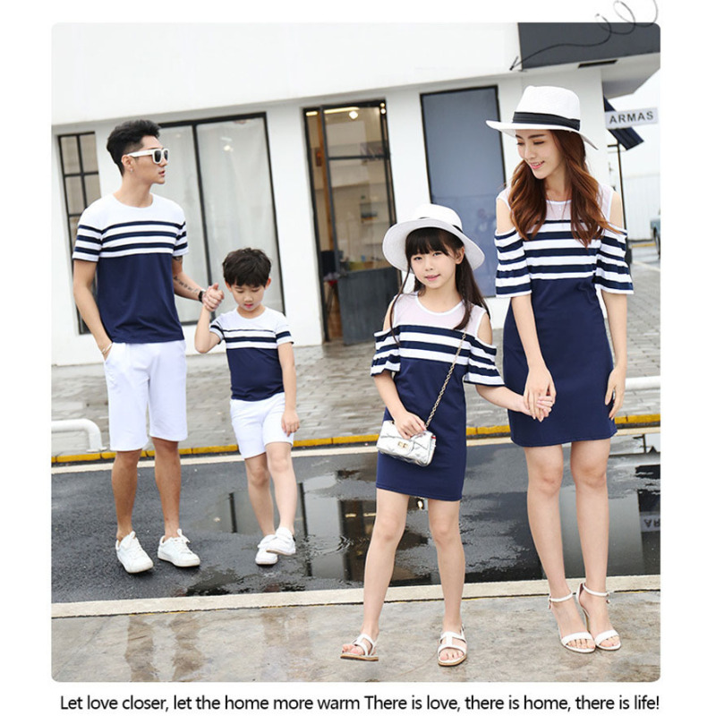 Wholesale Short Sleeve Striped Knitted Girls Clothing Set Matching Family Clothes Parent-Child Outfit