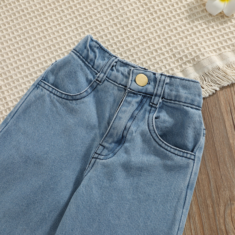 Conyosn Hot New Spring Summer Kids Girls Clothes Sets Solid Off Shoulder Long Sleeve T-Shirts Tops Denim Pants Two-pieces Sets