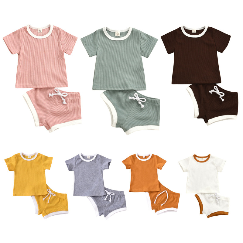 Ribbed Knitted Clothes Set 9 Colors Solid Newborn Baby Boy Girl Summer Short Sleeve T-shirt+Shorts 0-24M