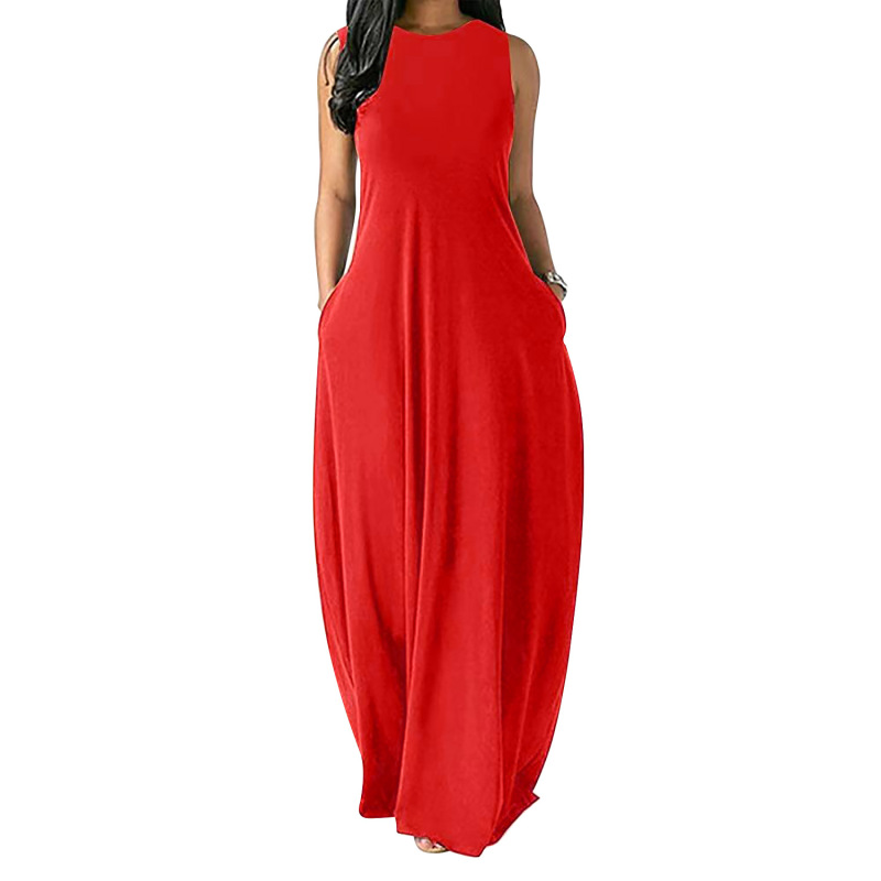 Conyson  Hot Summer Maxi Custom Logo Short Sleeve Women Sundress Solid Loose Pockets Ladies Long Dress Women Fashion Casual