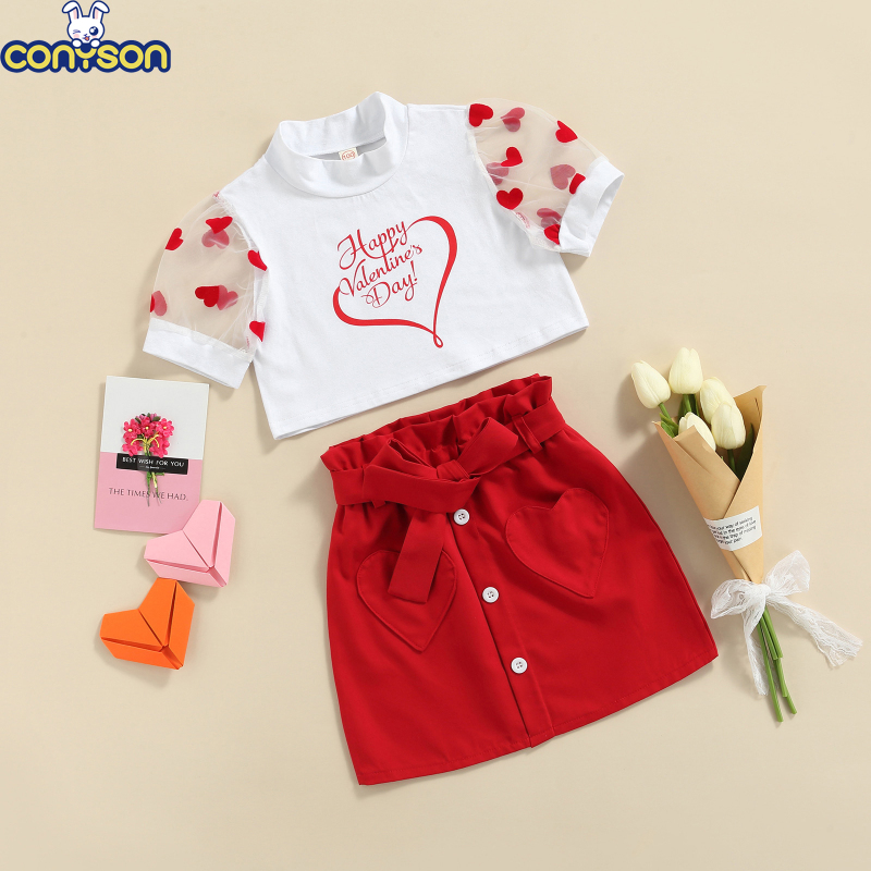 Conyson New Summer Valentines Days Kids Toddler Girls 2Pcs Clothes Sets Heart Letter Mesh Puff Sleeve T-Shirts+Bowknot Skirt Set