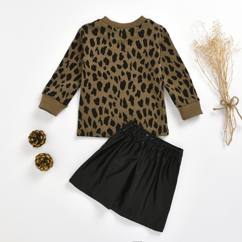 Conyson Spring Leopard Pullover PU Skirt Suits Set Long Sleeve Top Zipper Dresses Toddler Baby Girls Outfis 2 Pieces Sets