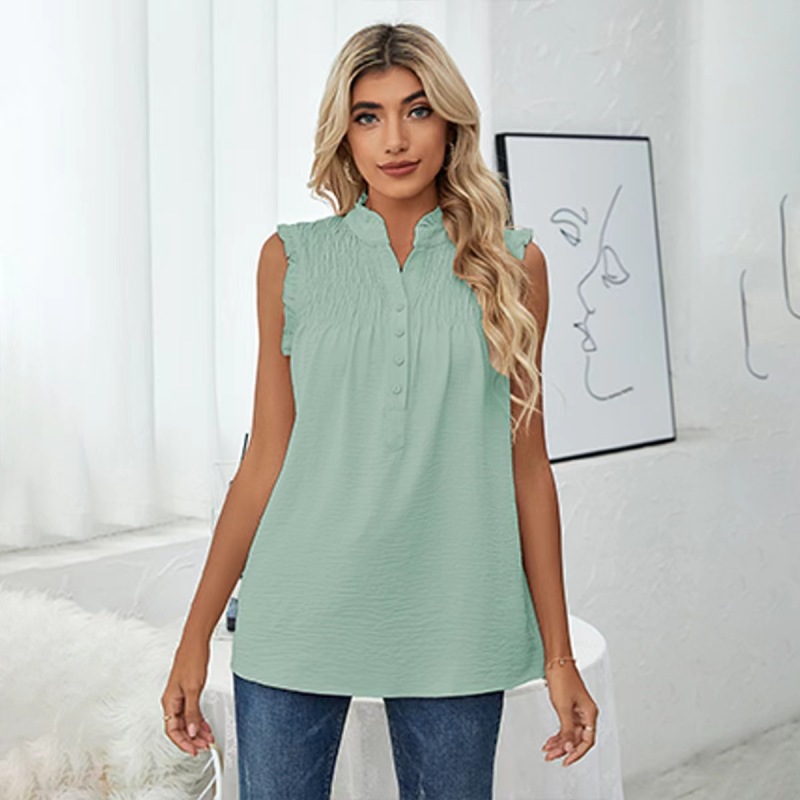 Conyson Hot Sale New Style Summer Woven Lotus Sleeve Lotus Collar Button Ruffle Formal Women's Vests And Chiffon Waistcoats