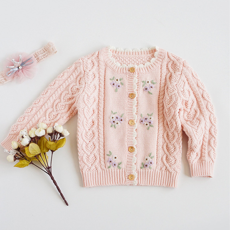 New Style Baby Girl Winter Sweaters Round Neck Lace Multicolor Flower Knitted Cardigan Sweater Designs For Girls
