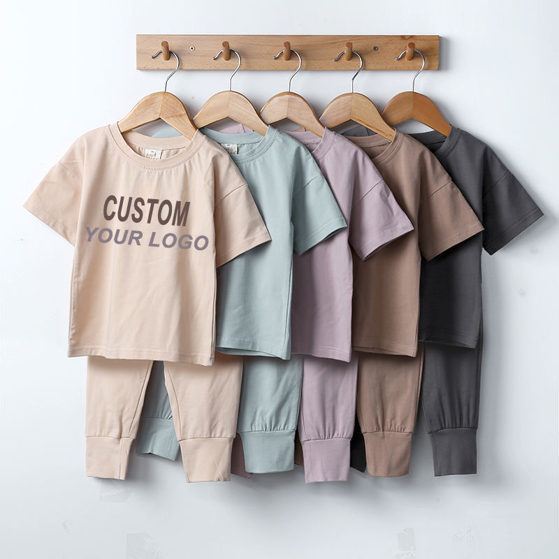 Conyson Customize children clothes short sleeve plain cotton summer kids girls clothing sets