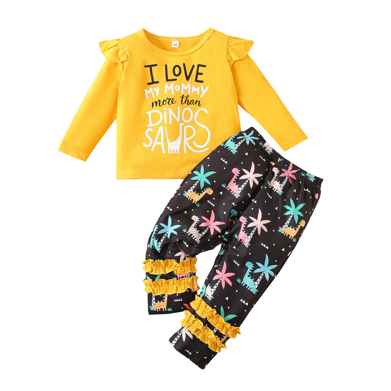 Conyson wholesale popular autumn leisure O-Neck long Sleeve Girls print cartoon Baby kids Clothing Cotton Kids clothes Sets