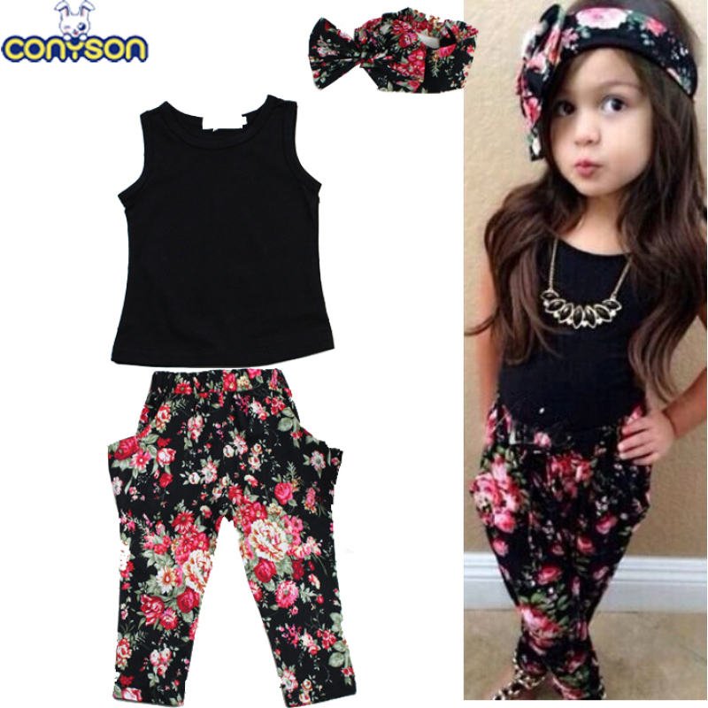 Conyson fashion style cotton Baby Girl summer children sleeveless Print flower o-neck clothes Suit baby kids clothing Set