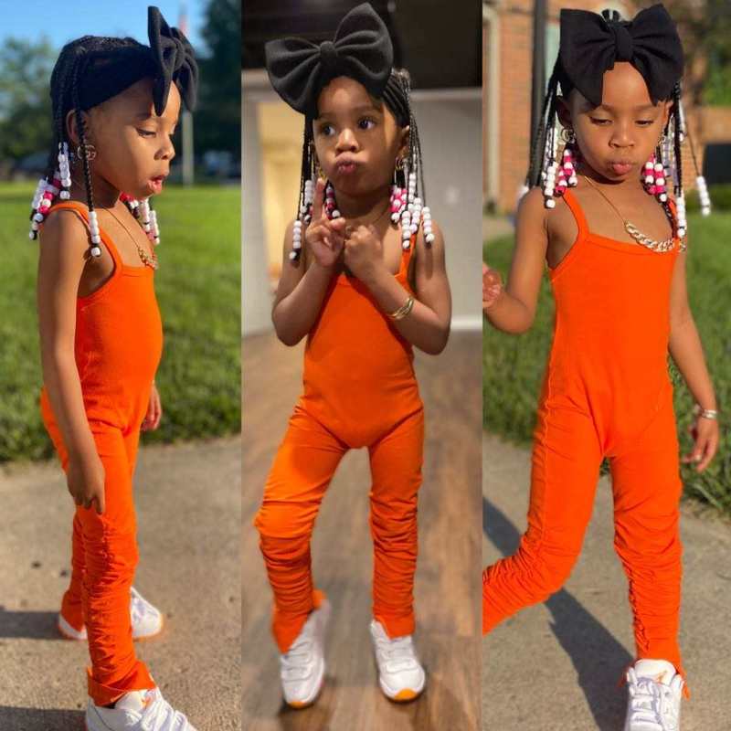 Conyson 2022 summer hot sale Little Girl OEM Fashion Pure Colors Solid Soft Cotton Baby Girls Amour Scrunched stack Jumpsuit