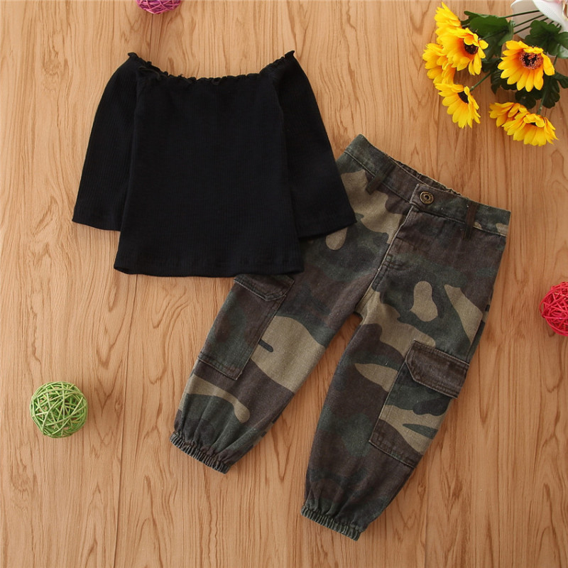 Conyson Kids Toddler Clothes Ribbed Short Sleeve Off Shoulder T Shirts Tops Camouflage Pants 2pcs baby Girls' Clothing Sets