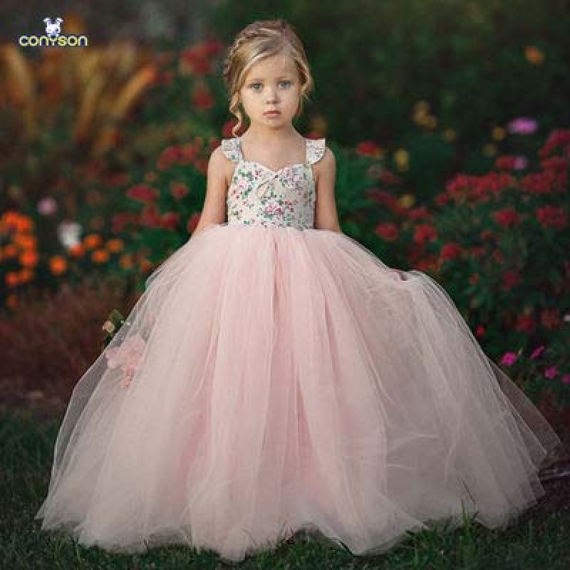 Conyson Wholesale Summer Ruffle Sleeve Mesh Weeding Party Dress Pink Flower Tulle Princess Dresses Girls Sweet Tutu Long Dress