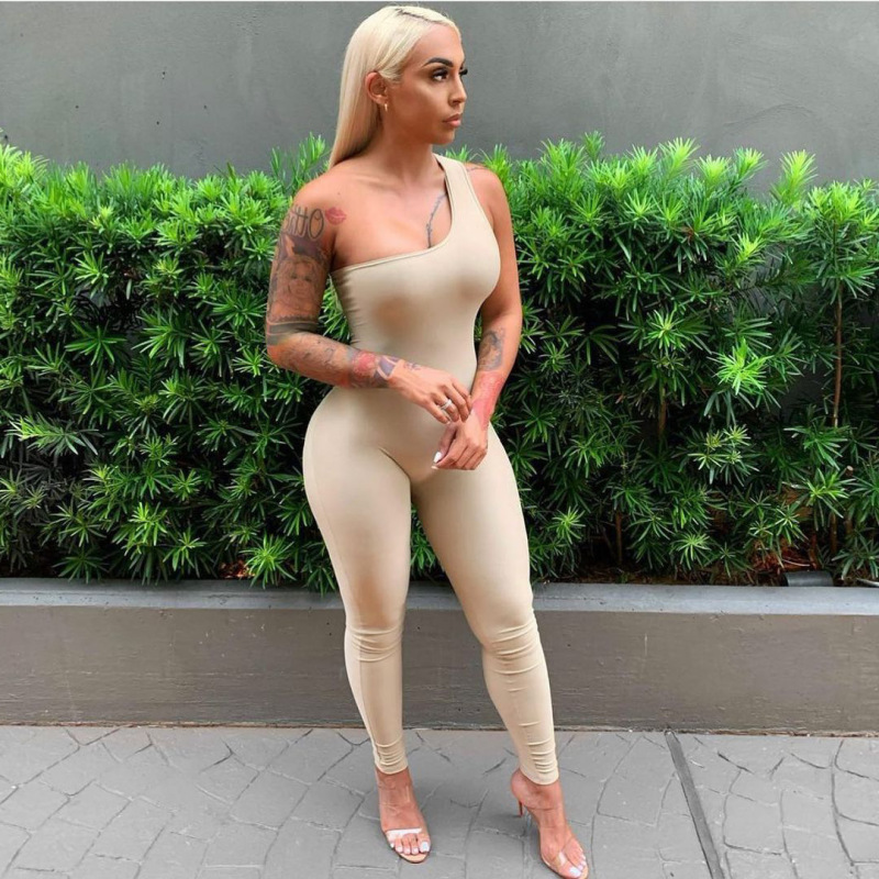 Summer Women's Casual Clothing Solid Skinny Sleeveless Bodysuit Ladies Romper Slim One-shoulder Long Pants Women Jumpsuit