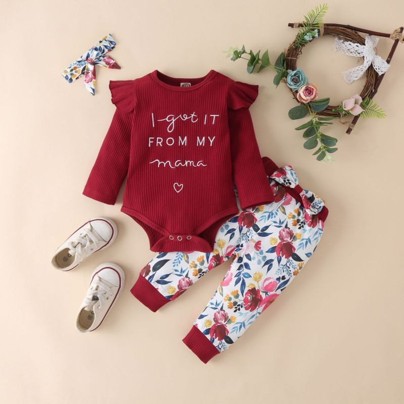 Winter Autumn Baby Girl Strip Embroidered Organic Cotton Letters Sleeve Clothes Set Three-piece Suit