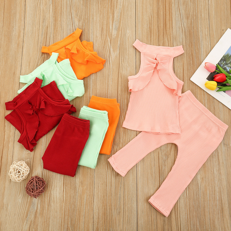 Explosion style childrens piece suit Lovely baby summer clothes set girls ruffle shoulder shirt pants 2pcs outfit girls set