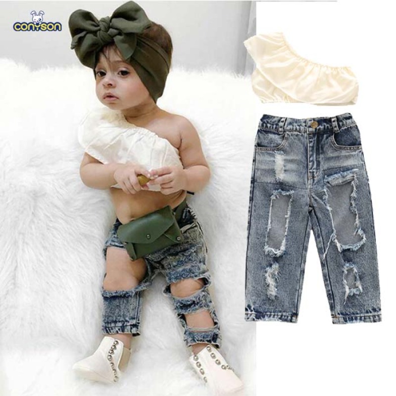 Conyson 2Pcs Casual Suit Solid Sleeveless Outfit One Shoulder Tank Tops+Hole Denim Pants Jeans Litter Girls Clothing Sets