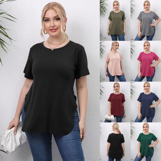 Conyson New Style High Quality Summer Casual Style 220Gsm Polyester Knitted Short Sleeve Tops Split Plain T Shirt Oversize Women