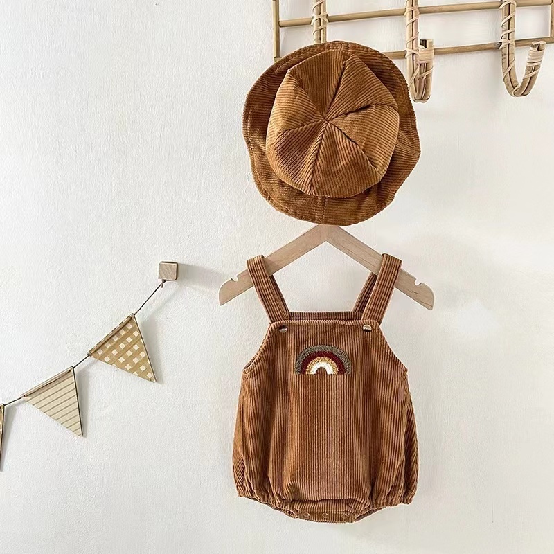 Conyson 2023 High Quality Sleeveless Corduroy Baby Rainbow Writer Suspender Rompers Warm Clothes Newborn jumpsuit