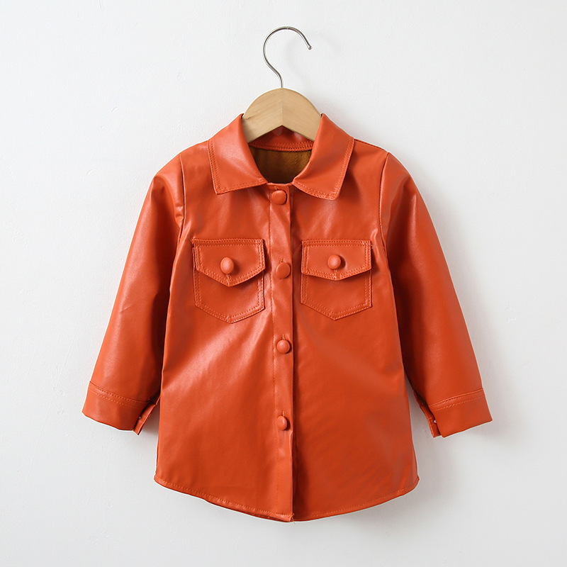 Conyson Wholesale Hot Fashion Summer Kids Clothes Leather PU Casual Solid Long Sleeve Single Breasted Straight Knee Dress Jacket