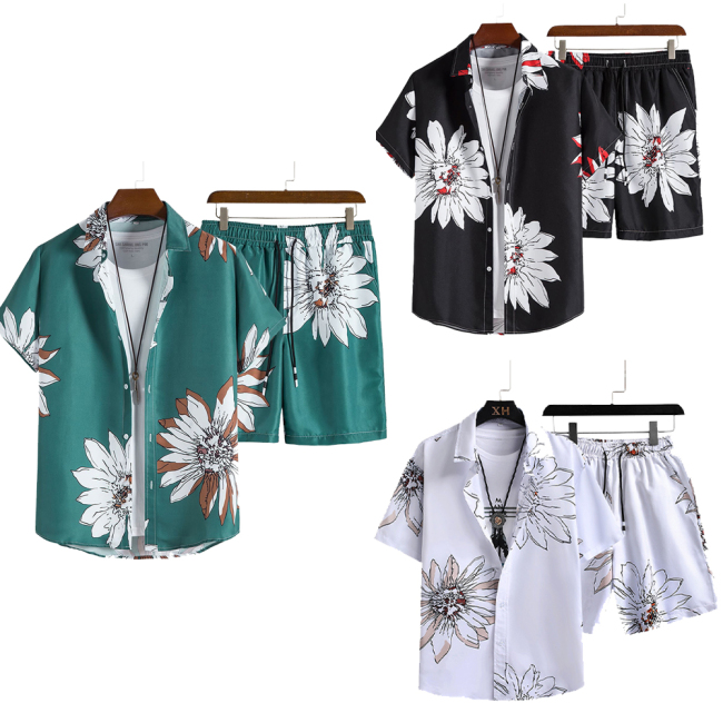 New 2023 Summer Jogger New Designer Short Hawaiian Print Tracksuit Large Size Beach Button Suit Quick-Dry Men Two Pieces Sets
