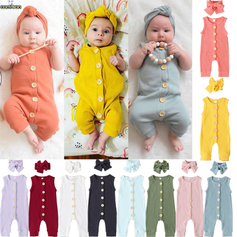 Conyson fashion hot sale ins boutique stripe Cotton Infant kid headband Sleeveless button one-piece Baby Summer Clothing Rompers