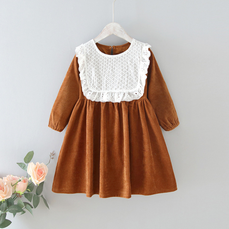 Girls' Corduroy Round Neck Retro Cotton Baby Dress Baby Long sleeve Casual Dress
