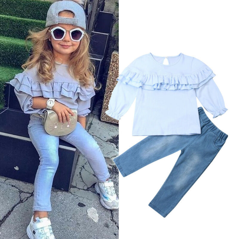 New Fashion Casual Ruffle Top Without Hood Jeans Suit Girl Clothes Childrens Summer Sets