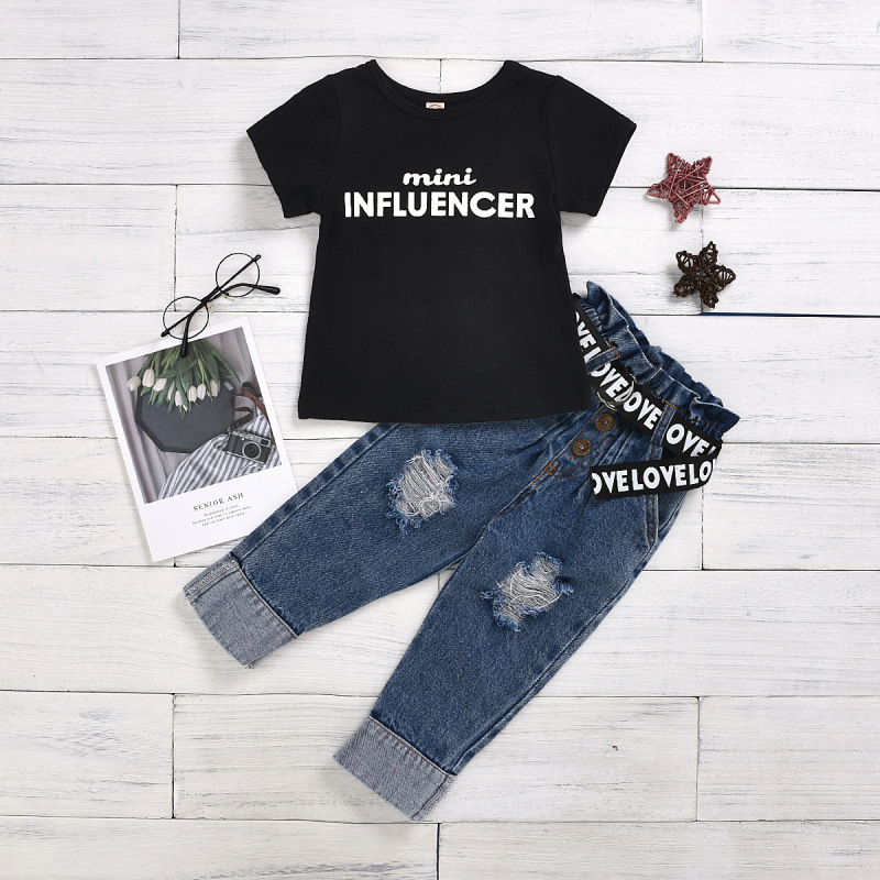 Summer Children Girl 2-piece Clothing Set Cute Black Short Sleeve Letter Shirt Distressed Jeans With Letter Belt