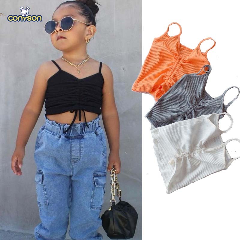 Conyson Fashion Boutique Summer Children Shirt Knit Top Cotton Solid Sleeveless Ruffler Kids Girl Clothes Vest