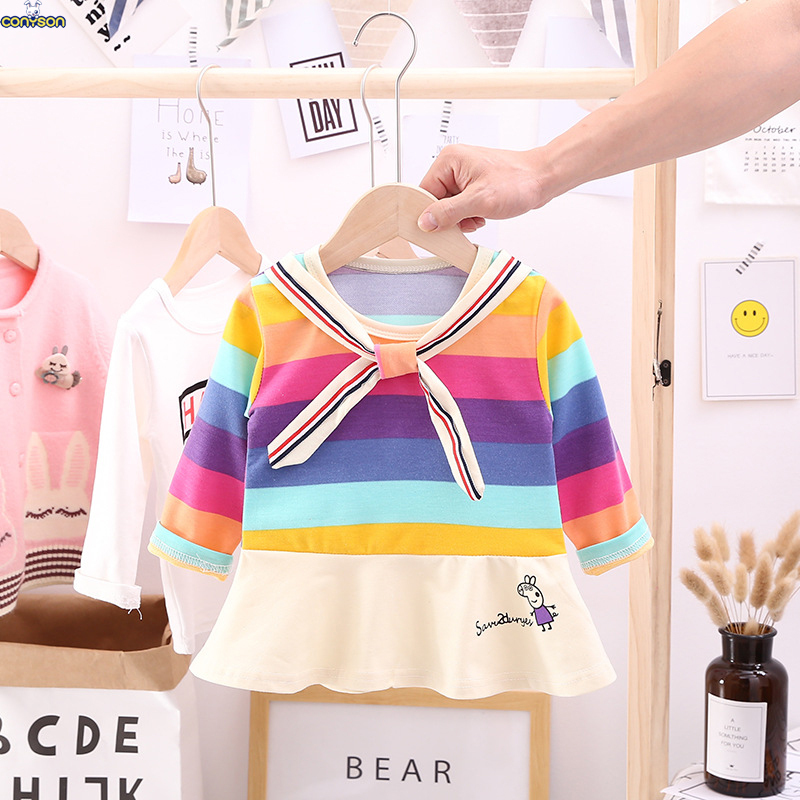 Conyson wholesale fashion boutique autumn sweaters baby Kids Clothing Girls Rainbow hoodie Rabbit Ear clothes long Sleeve Dress
