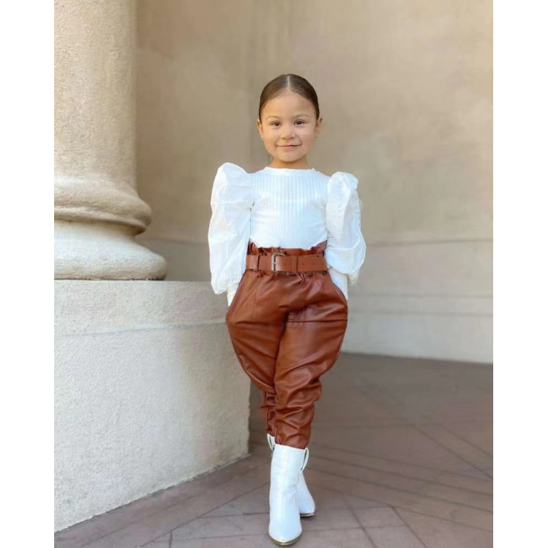 Conyson Casual Kids Girl Clothes Knit Sweater Leather Pants Outfits Long Puff Sleeved Top Pu Trousers Elegant 2pcs Girls Set