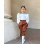 Conyson Casual Kids Girl Clothes Knit Sweater Leather Pants Outfits Long Puff Sleeved Top Pu Trousers Elegant 2pcs Girls Set