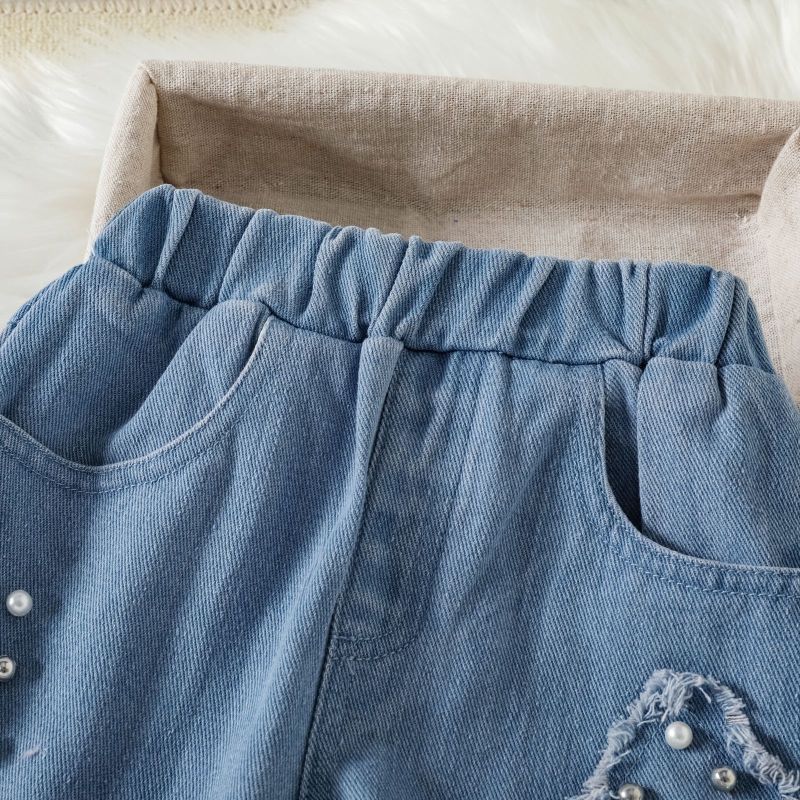 Conyson hot sale fall kids designers fashion boutique baby girls floral clothing suits denim pearl pants wholesale clothes sets