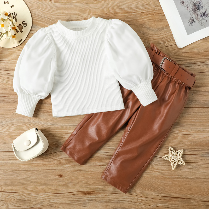 Conyson Casual Kids Girl Clothes Knit Sweater Leather Pants Outfits Long Puff Sleeved Top Pu Trousers Elegant 2pcs Girls Set