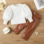 Conyson Casual Kids Girl Clothes Knit Sweater Leather Pants Outfits Long Puff Sleeved Top Pu Trousers Elegant 2pcs Girls Set
