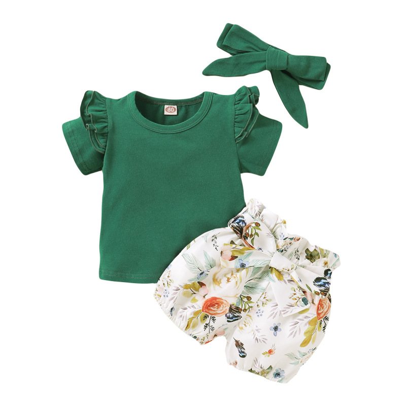 Wholesale 1-7 Years Bow O-Neck Floral Cotton Casual 3 Pcs Kids Girls Summer Clothing Sets