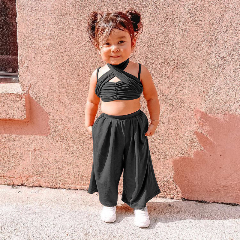 Conyson Hot Sale Kid Clothes Summer New Trend Suit Short Sleeve Halter Vest Top and Long Pants 2Pcs Children Baby Girls Sets