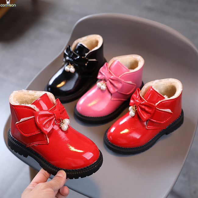 Conyson hot sale shiny pu leather winter Korean fashion design children kid girl Outdoor walking warm fur Martin boot snow shoes