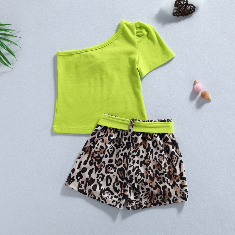 Conyson Summer Fashion Kids Girls Clothes Sets 3pcs Leopard Printed One Shoulder T-shirts Tops Shorts With Belt Baby Casual Suit