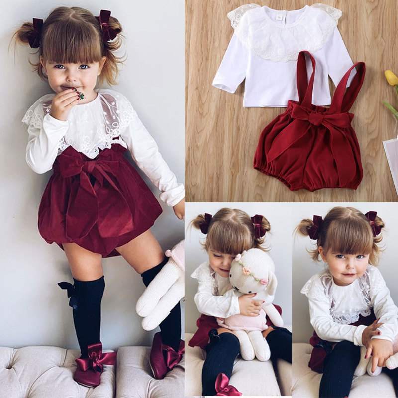 Comyson Spring Infant Baby Girls Yarn Lotus Lace Round Neck Blouse+Strap Bowknot Lantern Shorts Children Girls Clothing Set